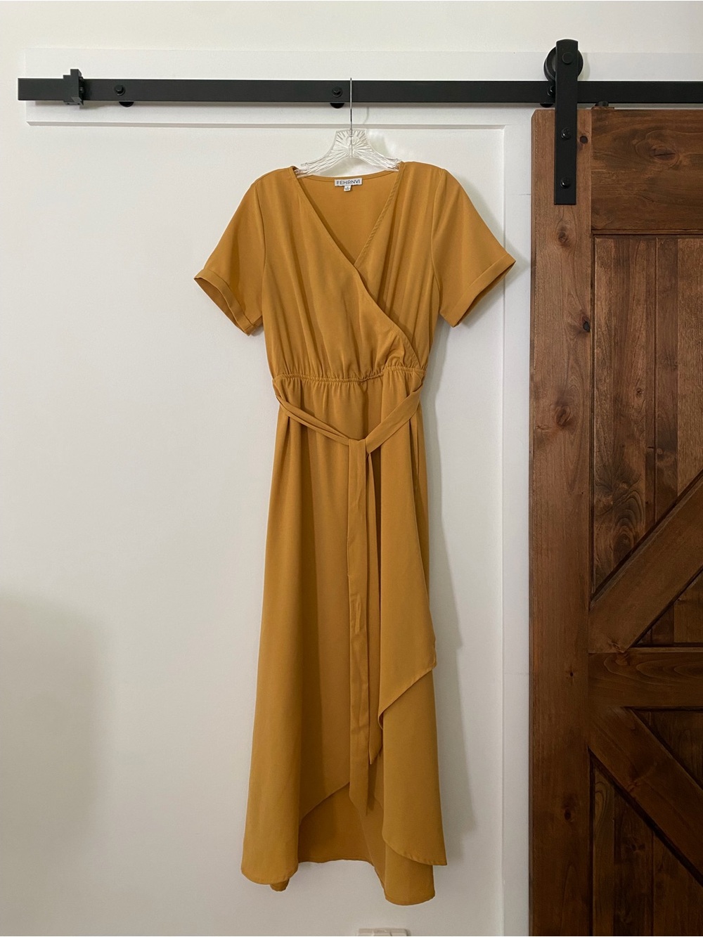 fehrnvi asymmetrical midi dress in mustard yellow